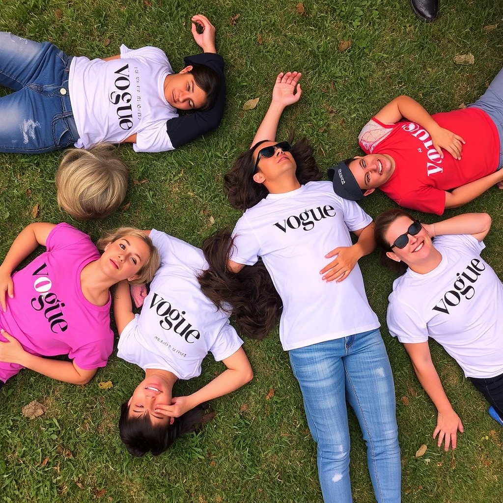 People are lying on the grass in T-shirts with the inscription "vogue." - Image