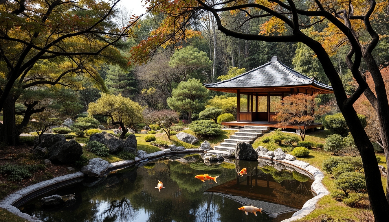 A serene Japanese garden with a glass teahouse overlooking a koi pond.