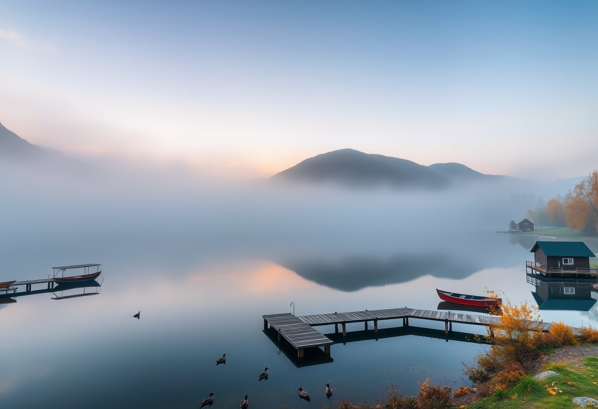 Tranquil, misty lake, surrounded by mountains, serene, high quality, photorealistic, reflection, peaceful, morning fog, autumn colors, breathtaking, idyllic::0.8 wooden pier, fishing boats, ducks, lakeside cabins, hiking trails, sunrise, sunset, misty mountains.