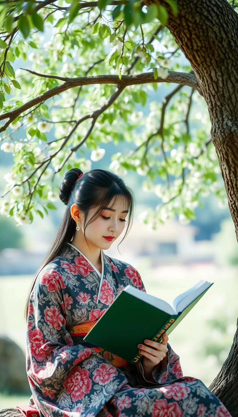 A beautiful Japanese woman is reading under a tree.