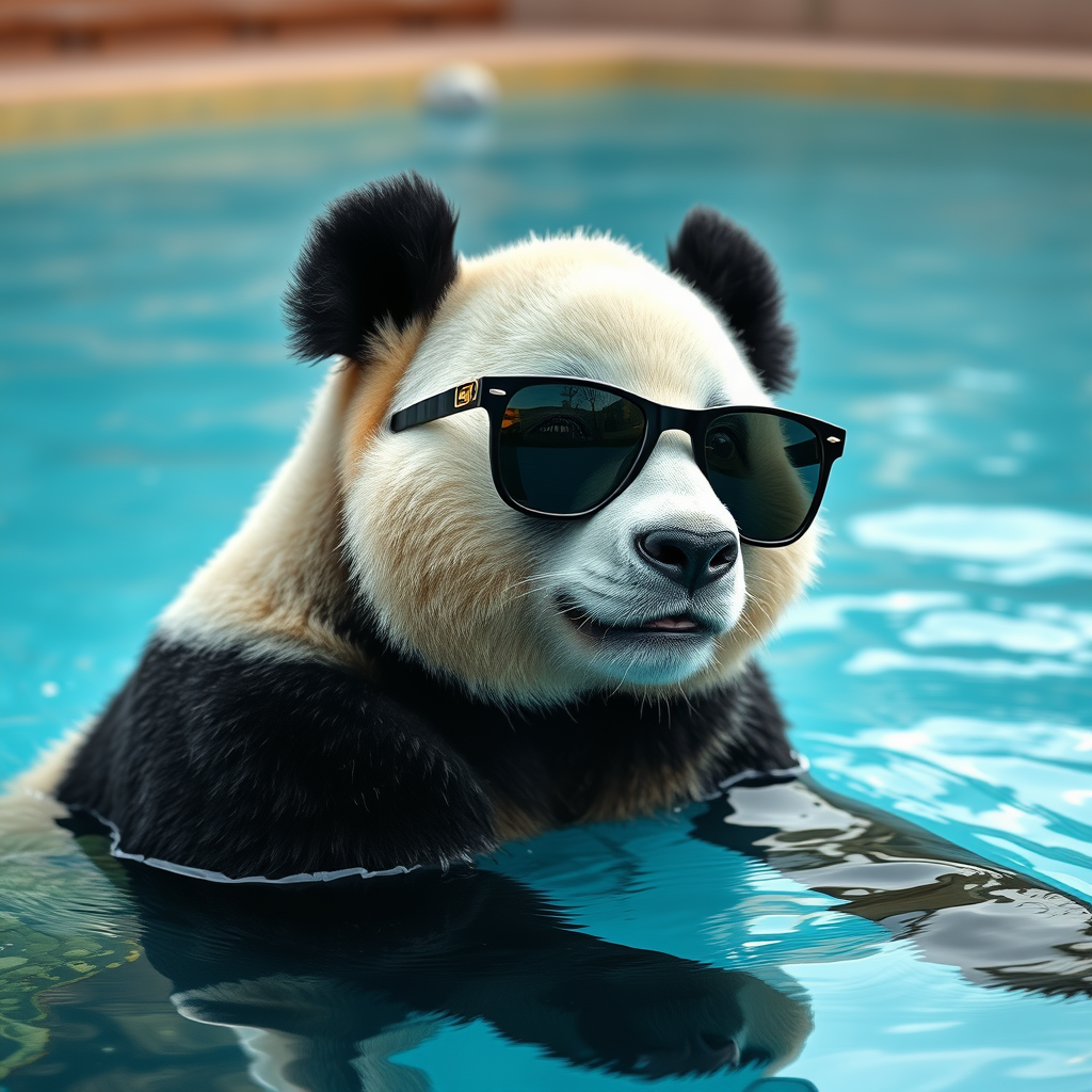 a panda with sunglasses looking cool inside a pool, photography, ultra realism, iphone photo - Image