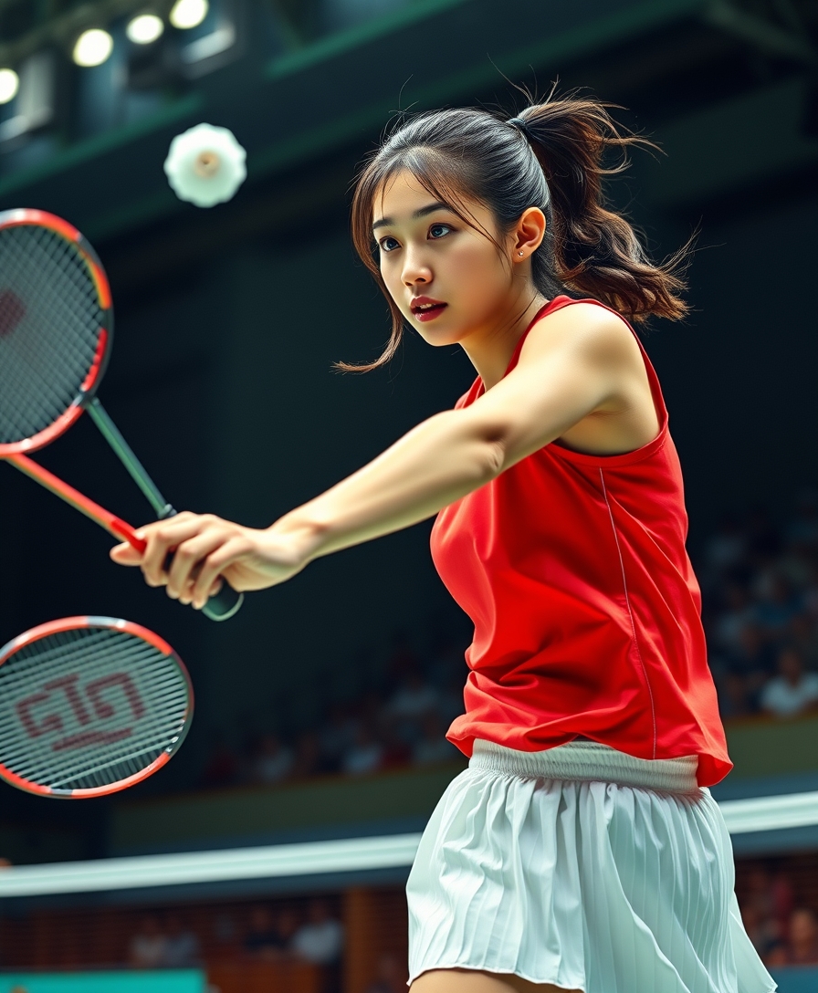 A detailed, realistic portrait of a young woman playing badminton in an indoor sports arena. The woman is wearing a bright red jersey and is mid-swing, her body in a dynamic, athletic pose as she focuses intently on the shuttlecock. The background is blurred, with glimpses of the court, net, and spectator stands visible. The lighting is natural and directional, creating shadows and highlights that accentuate the woman's features and muscular definition. The overall composition conveys a sense of energy, movement, and the intensity of the game. The image is highly detailed, with a photorealistic quality that captures the textures of the woman's clothing, skin, and the badminton equipment.

A woman with a beautiful face like a Japanese idol, she is wearing a white pleated skirt.

Badminton rackets and shuttlecocks with dynamic swings and motion blur. Depiction of the human body with a flawless personality. - Image