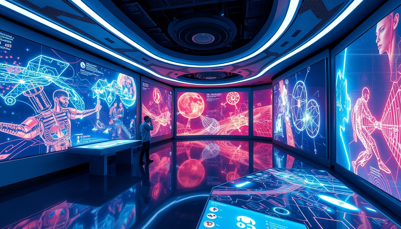 A futuristic room filled with interactive digital art, with holographic displays and immersive light installations.