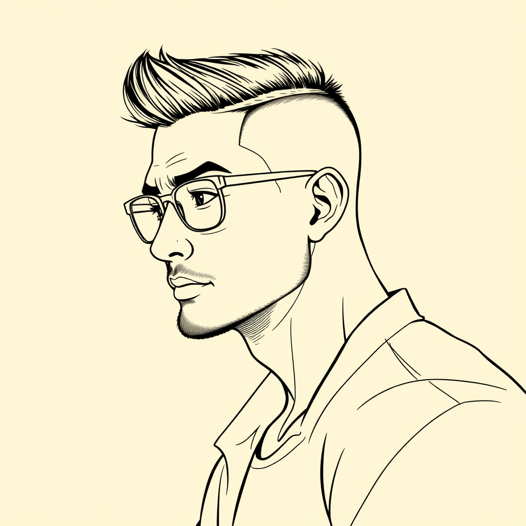 "Create a cool line drawing of a 35-year-old man, with a crew cut hairstyle, in profile, and a muscular build. He is Asian, wearing rimmed glasses, has clean lips without a mustache, and a bit of stubble on his chin. He is wearing a shirt and has a somewhat rogue demeanor, appearing to be in deep thought."