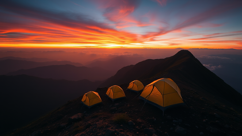 Tents set up on the side of a mountain in the middle of, Rudy Siswanto, art photography, flickr contest winner, tents, vibrant sunrise, at sunrise, trending on 500px, trending on 500px, during dawn.