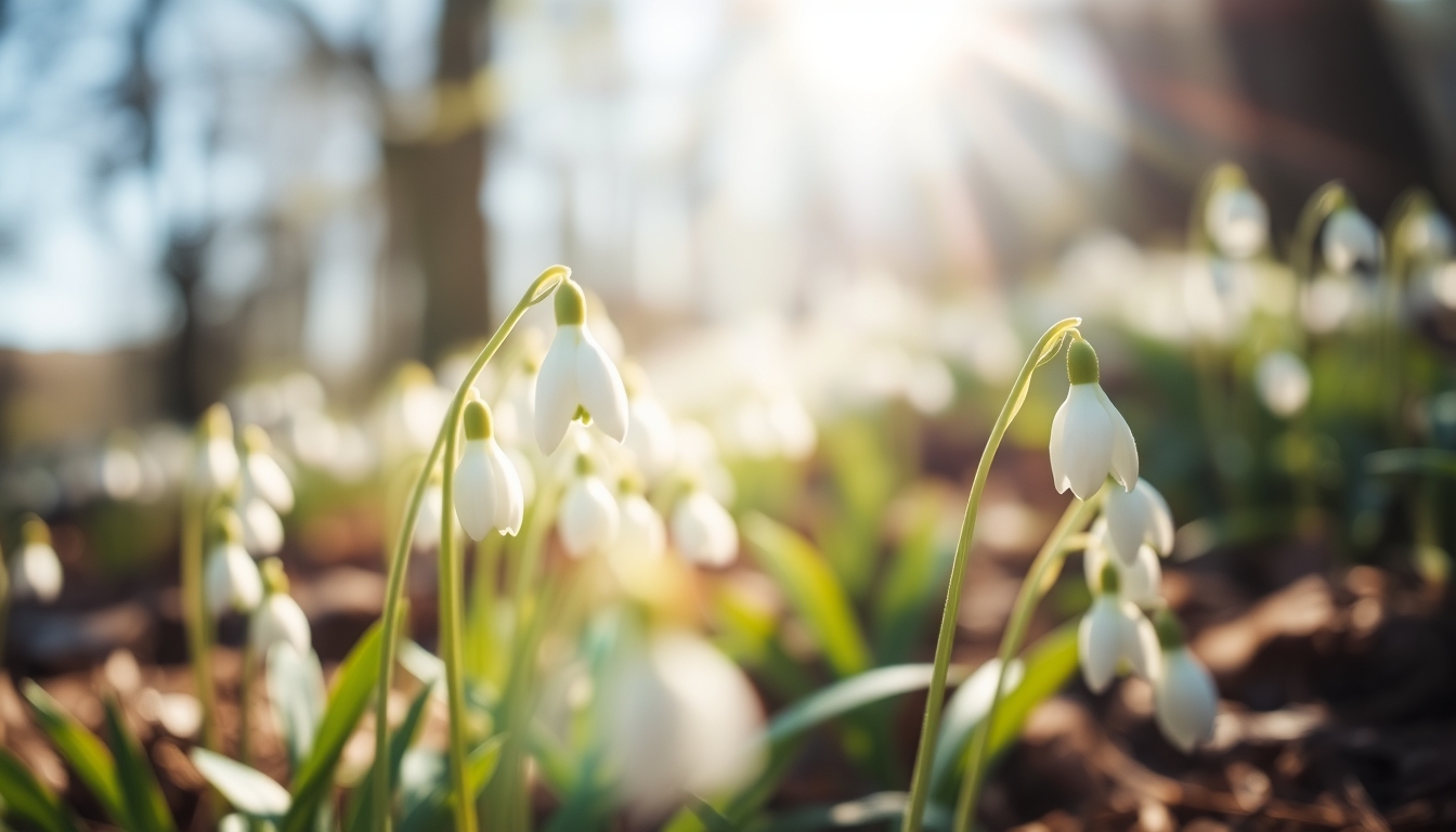 Blurry artistic effect on lovely wild snowdrop flowers in the forest on a sunny spring day. - Image