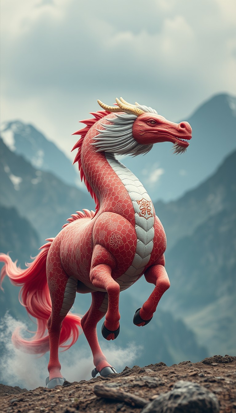 (((ultra realistic))) an oriental dragon combined with a horse body, background of Chinese mountains. - Image