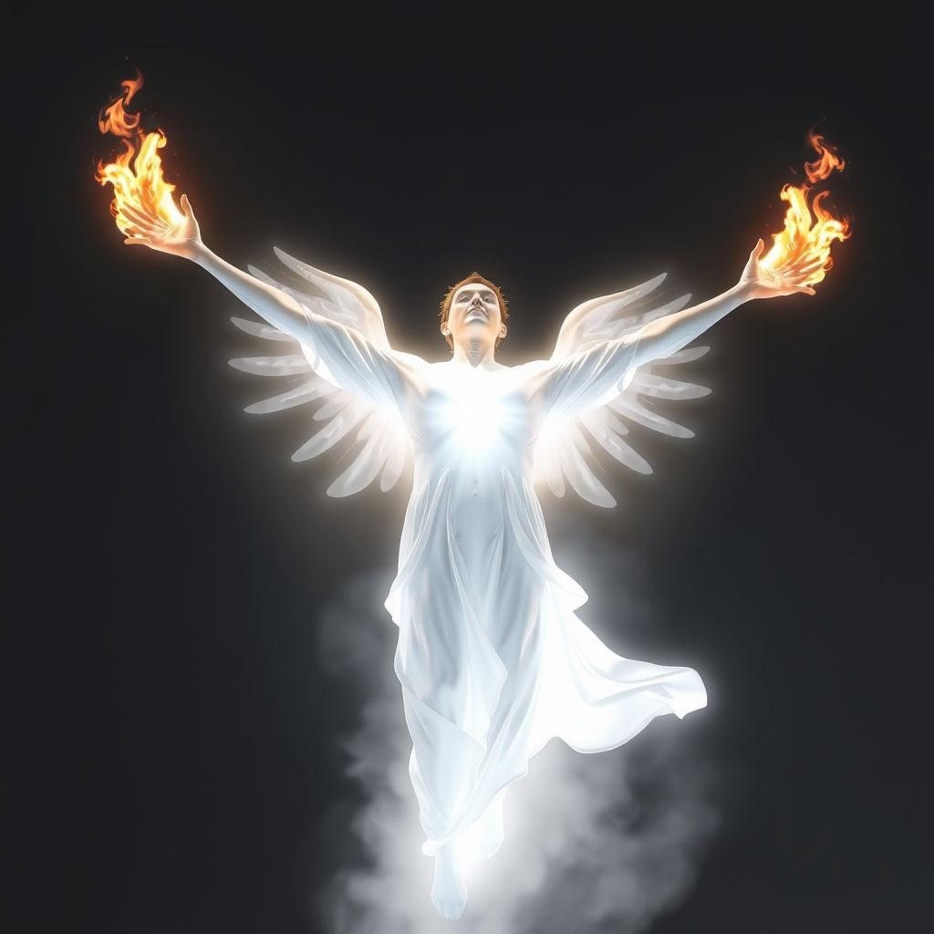 Captivating design, spirit man ascends, the spirit being's arms are spread out, white body, beaming light on her body, at the end of each arm, there are flames of fire. - Image