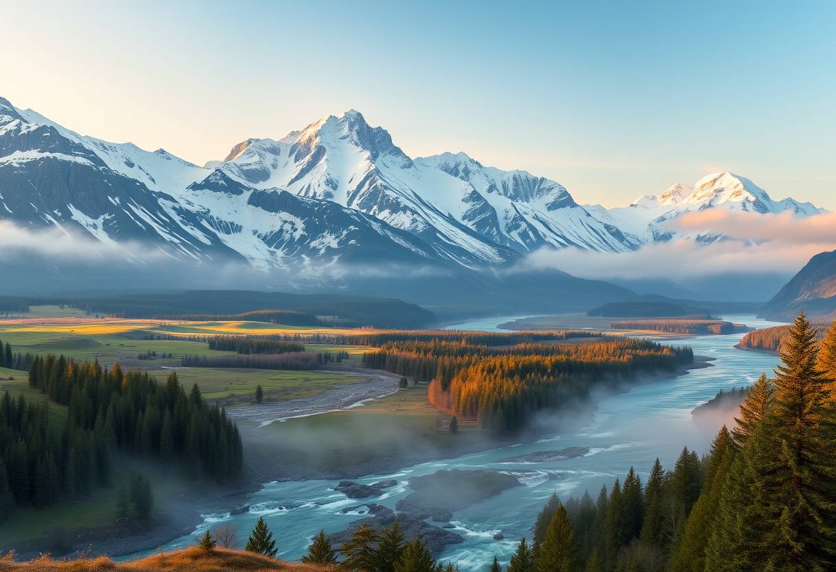 Majestic, snow-capped mountains, serene, high quality, photorealistic, alpine meadows, crystal-clear lakes, untouched wilderness, panoramic, breathtaking, nature's beauty, vibrant::2 flowing rivers, cascading waterfalls, misty, foggy, dramatic, sunrise, sunset - Image