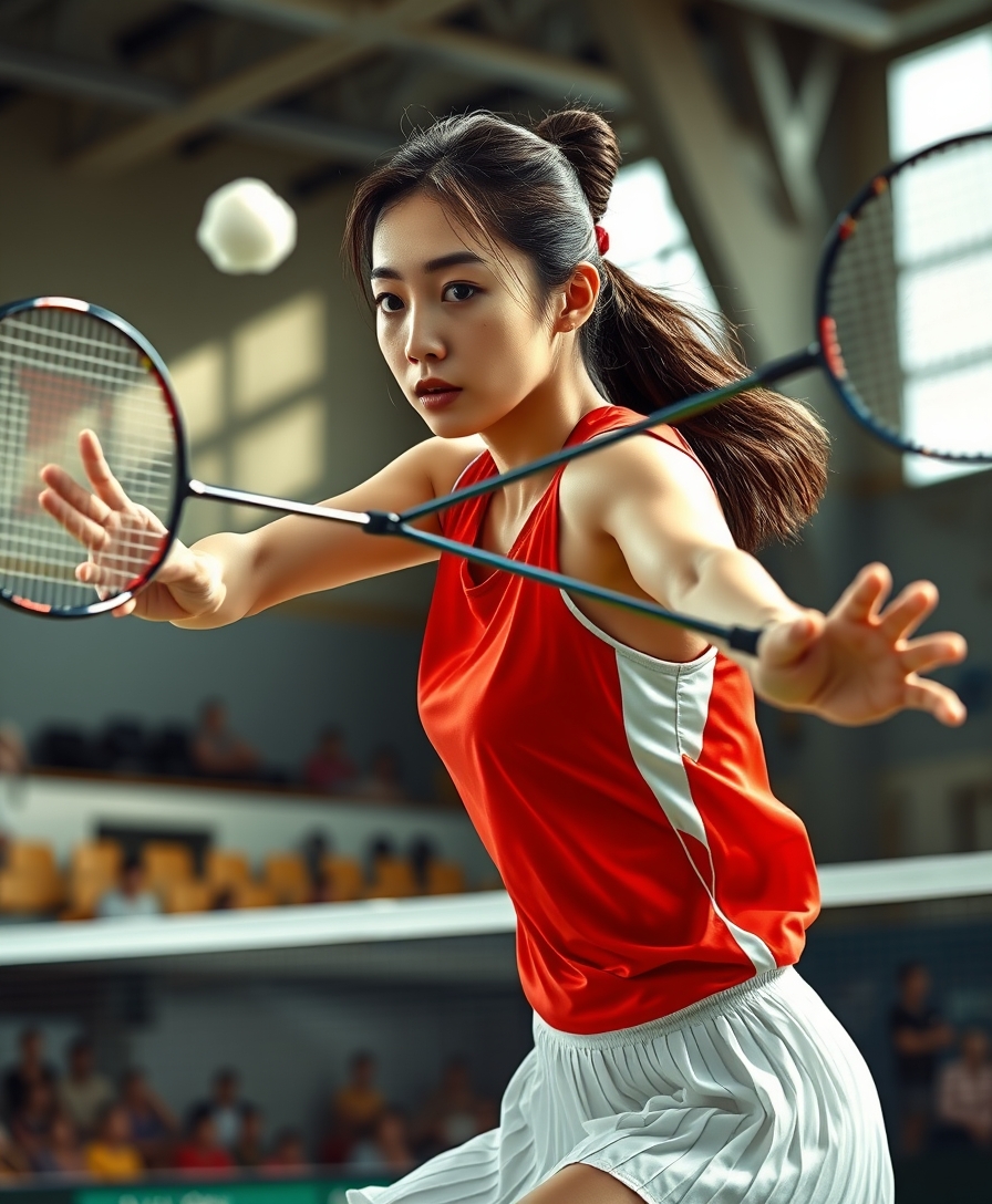 A detailed, realistic portrait of a young woman playing badminton in an indoor sports arena. The woman is wearing a bright red jersey and is mid-swing, her body in a dynamic, athletic pose as she focuses intently on the shuttlecock. The background is blurred, with glimpses of the court, net, and spectator stands visible. The lighting is natural and directional, creating shadows and highlights that accentuate the woman's features and muscular definition. The overall composition conveys a sense of energy, movement, and the intensity of the game. The image is highly detailed, with a photorealistic quality that captures the textures of the woman's clothing, skin, and the badminton equipment.

A woman with a beautiful face like a Japanese idol. She is wearing a white pleated skirt.

Badminton rackets and shuttlecocks with dynamic swings and motion blur. Depiction of the human body with a flawless personality.