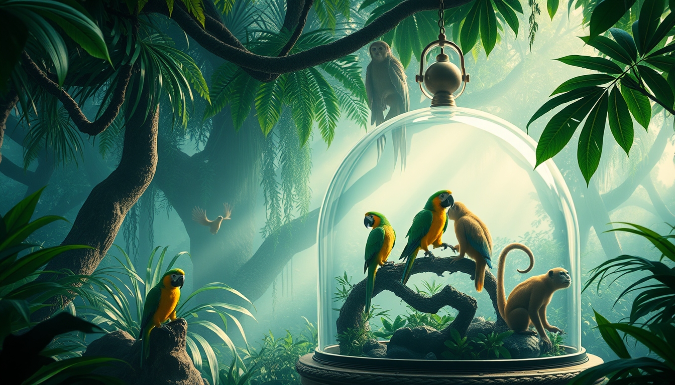 A magical rainforest scene with a glass dome containing parrots and monkeys. - Image