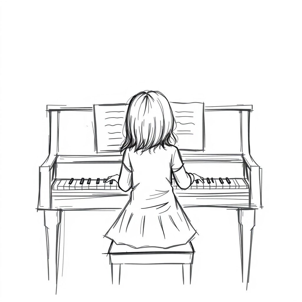 Generate a sketch of a girl playing the piano seen from behind.