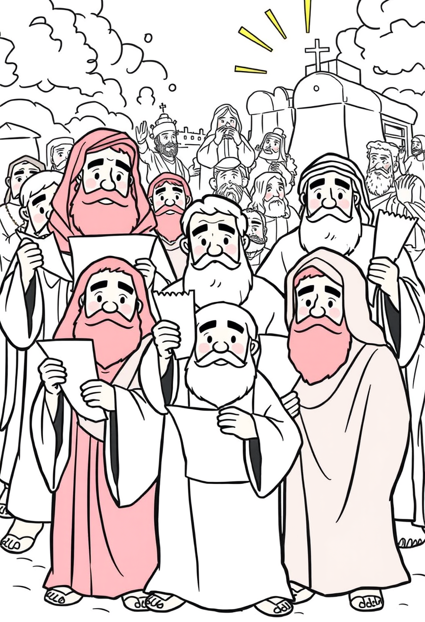 Illustrate various Old Testament prophets, each holding a scroll, set against a backdrop of significant biblical events. a coloring book page, cartoon style, thick lines, low details, no shading.