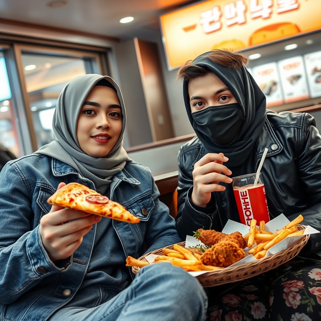 Jamie Dornan's head and body shot, handsome, young, wearing a black face mask, blue jeans jacket, jeans, dating a Muslim girl in a grey hijab, beautiful eyes, wearing a black face mask, black leather jacket, biggest floral skirt, at a fast food restaurant, a slice of cheese pizza, a plate of Korean fried chicken and fries, a glass of soft drink, photorealistic, hyper-realistic, street photography, selfie.