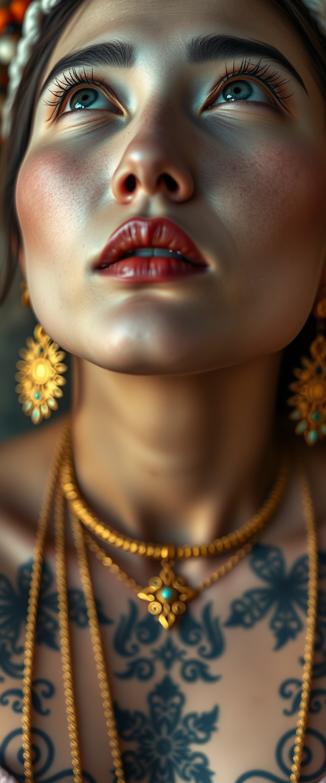 Close-up view of the tattooed chest of a Korean Indian woman with white skin, beautiful facial features, and blue eyes, wearing gold ornaments and looking upwards.