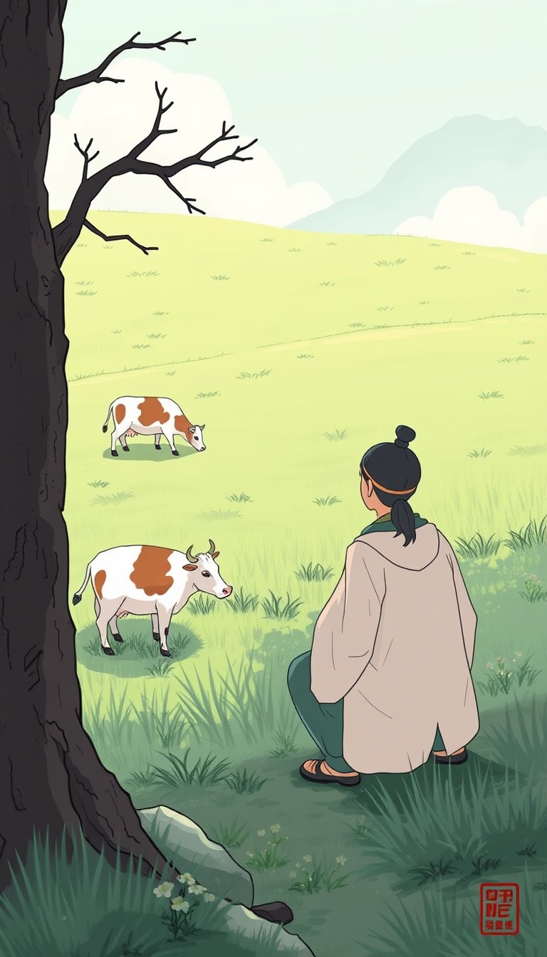 Illustration of Gong Mingyi noticing a cow grazing leisurely in the field.