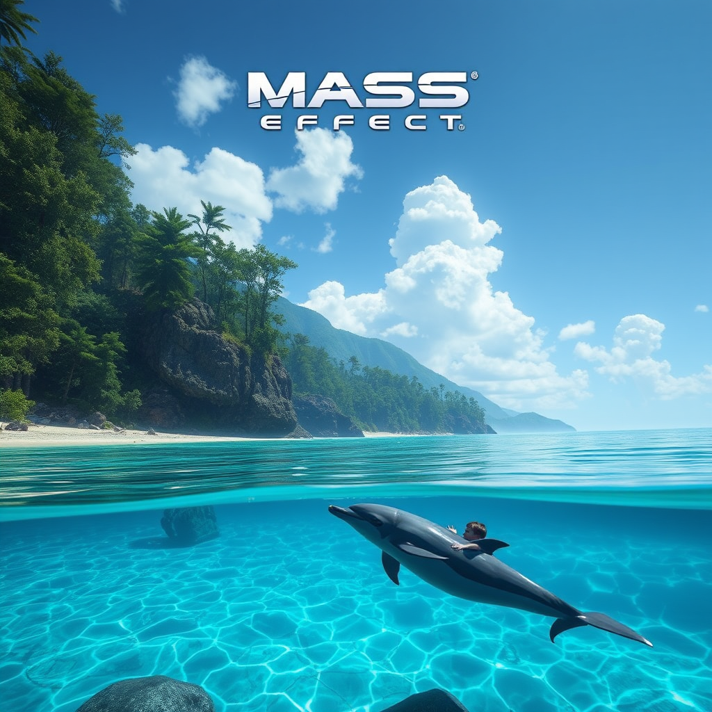 Mass Effect, Palaven, turian planet, blue clear sea, beach, forest, kid swimming with dolphin - Image