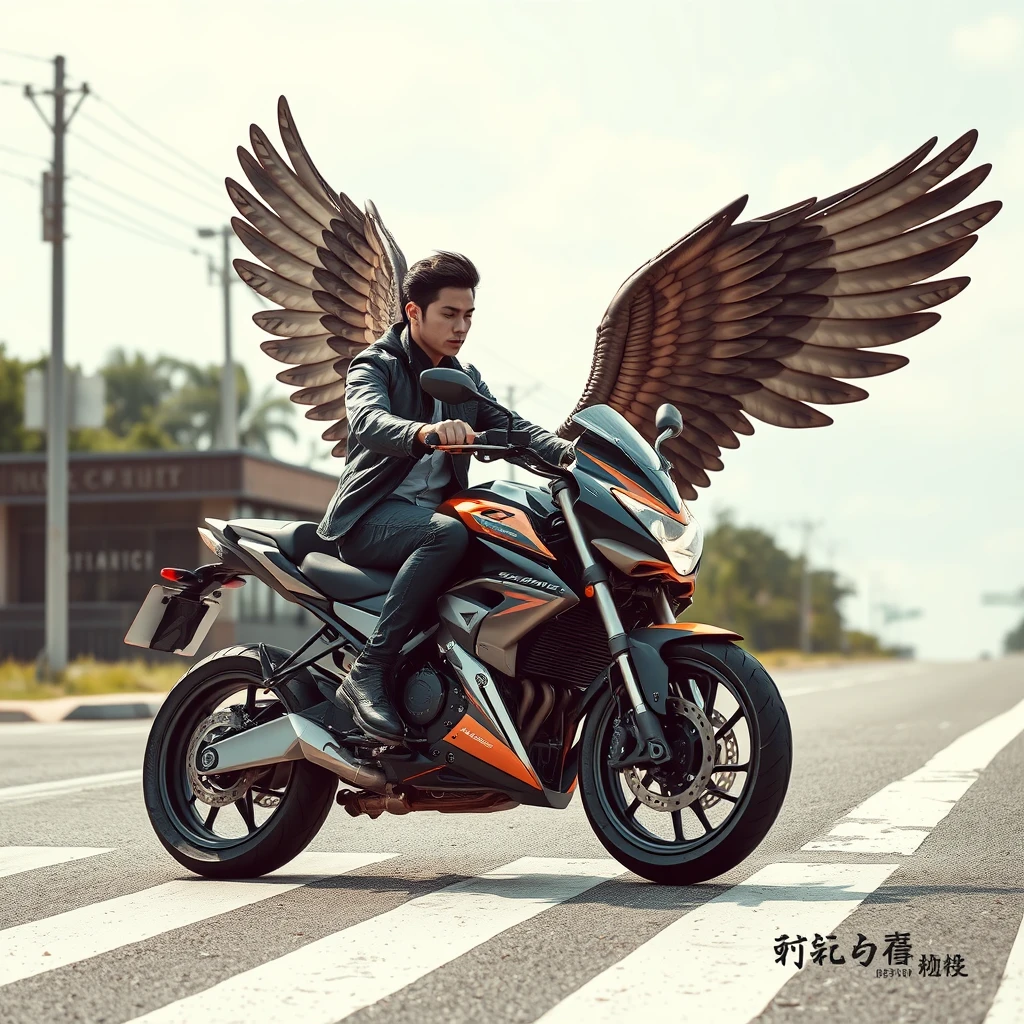 "At the crossroads, there is a handsome guy riding a smart motorcycle, with huge wings, along with Chinese characters or Japanese."