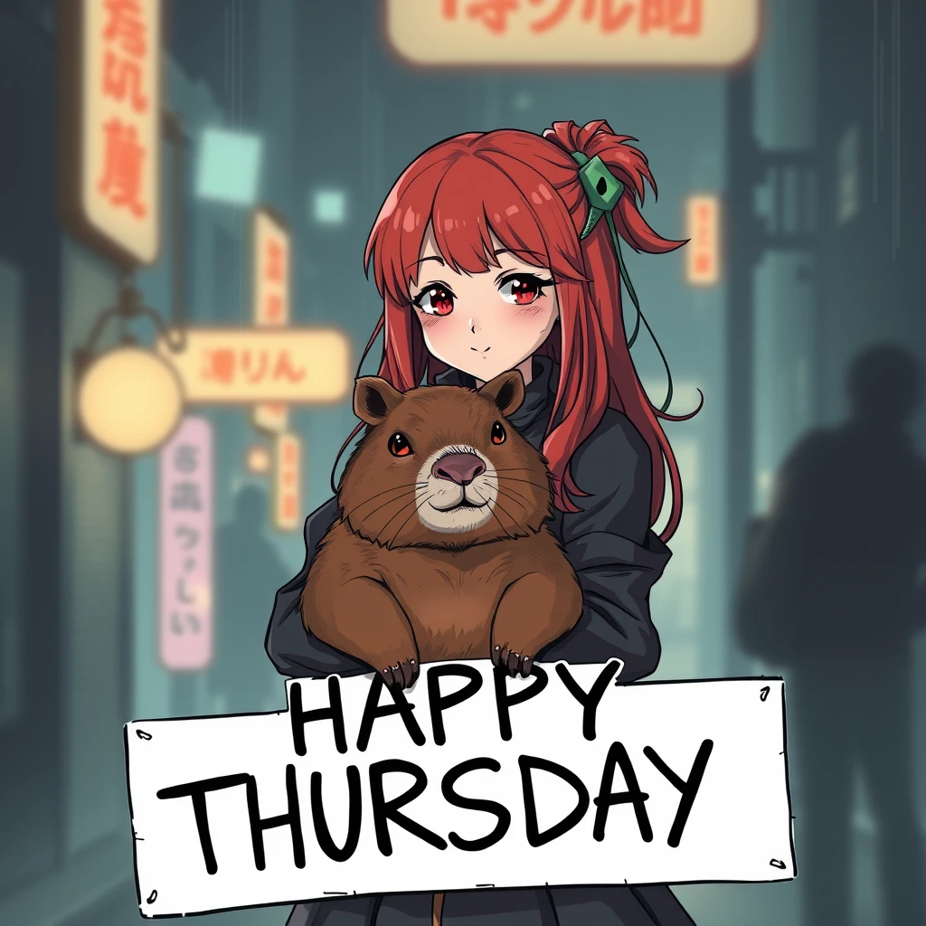 Redhead girl with a capybara holding a sign that says "HAPPY THURSDAY" in dark sci-fi anime style.