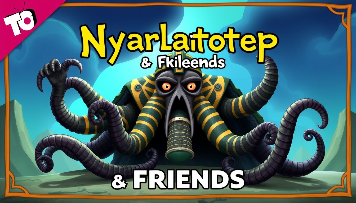 Poster for a TV show for kids called "Nyarlathotep & Friends" about an Egyptian god with tentacles. - Image