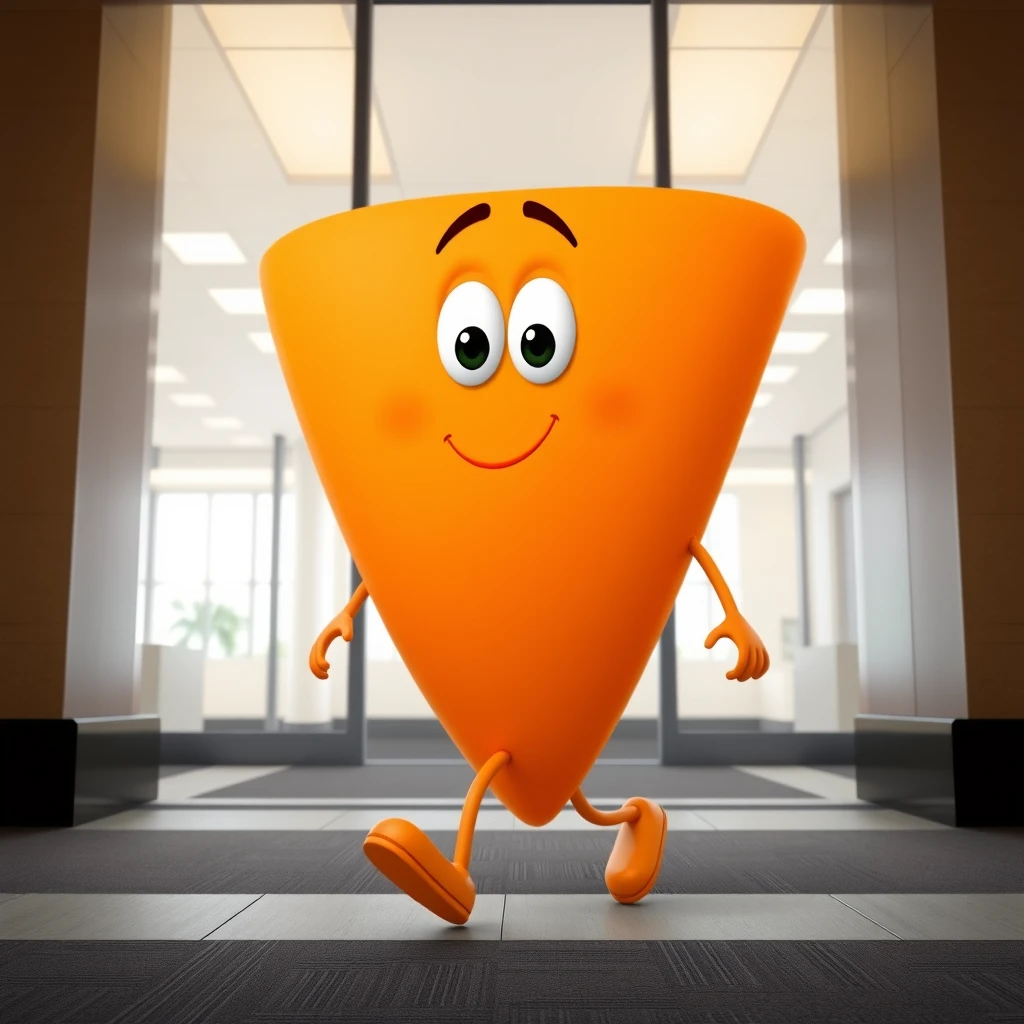 3D Pixar-style character with a smooth, inverted triangle round body shape, colored in bright orange. The character has a broad upper body tapering to a narrow bottom, with eyes, nose, and mouth all within the inverted triangle body. The character is walking into an office building. The character’s body is an inverted triangle shape, wide at the top and narrowing towards the bottom.