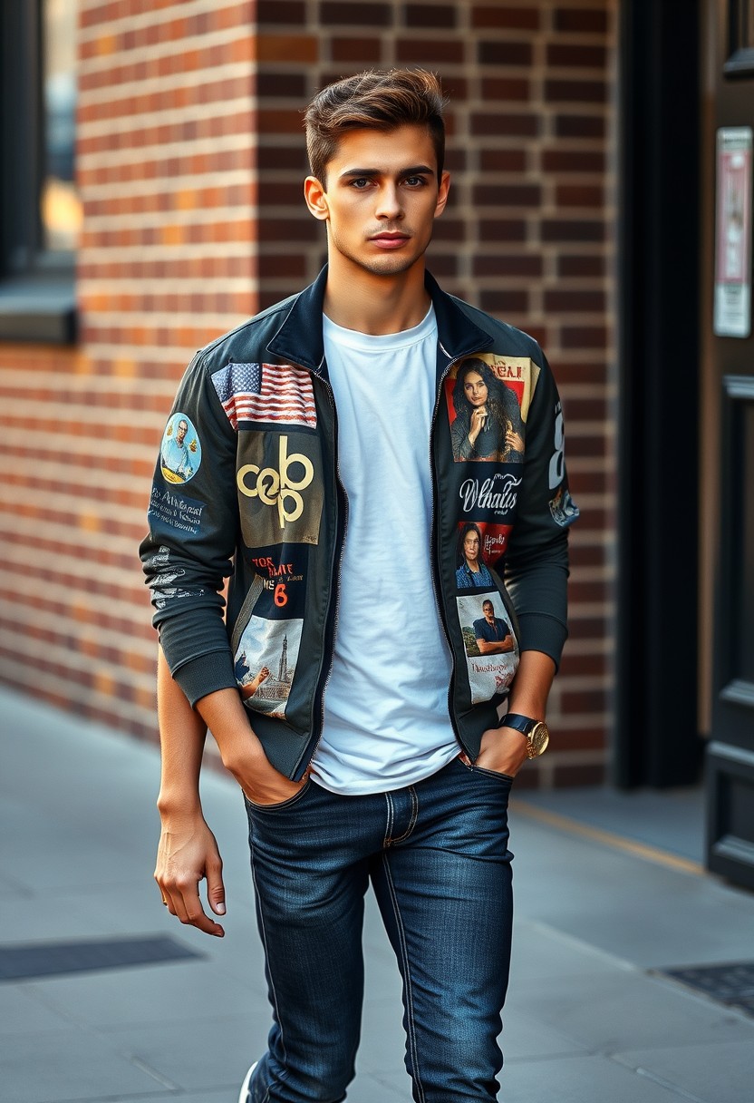 Freddie Prinze head and body shot, handsome, young, serious face, white T-shirt, collage jacket, skinny jeans, sneakers, walking hot style, hyper realistic, street photography, brick wall, full body photo, morning scenery.