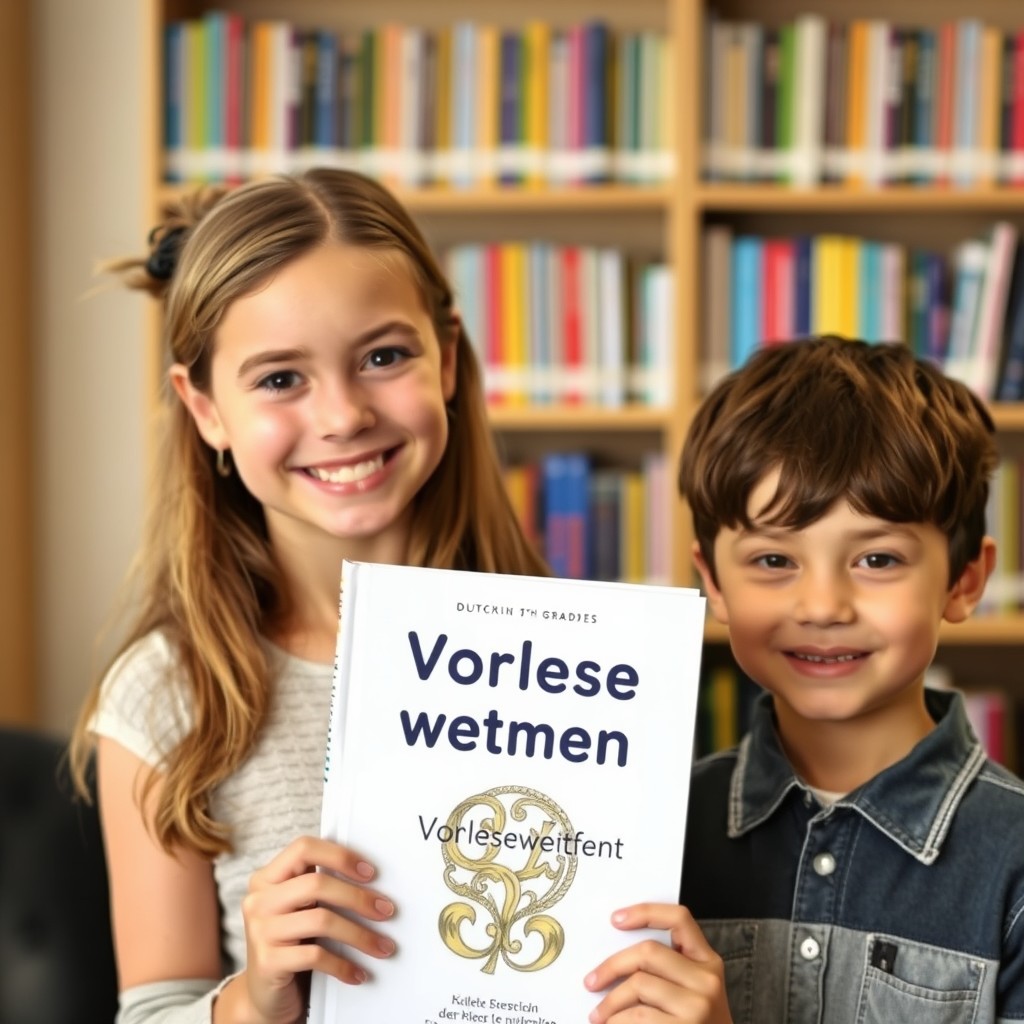 "Create a photo showing a German girl and a boy from the 6th grade proudly presenting a book with the German title 'Vorlesewettbewerb'. In the background, a bookshelf is visible in a blurred manner."