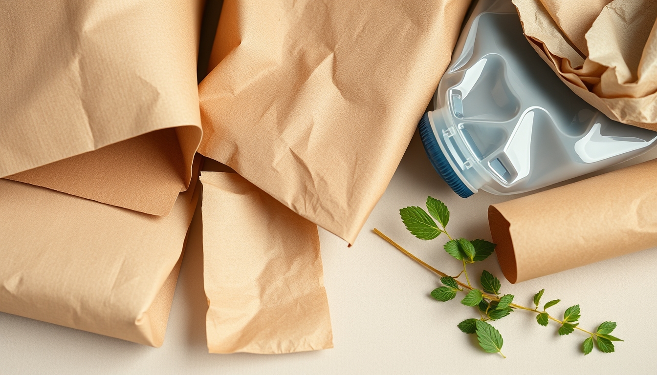 A detailed close-up of sustainable packaging materials, including cardboard, paper, and biodegradable plastics, arranged aesthetically on a neutral background. - Image