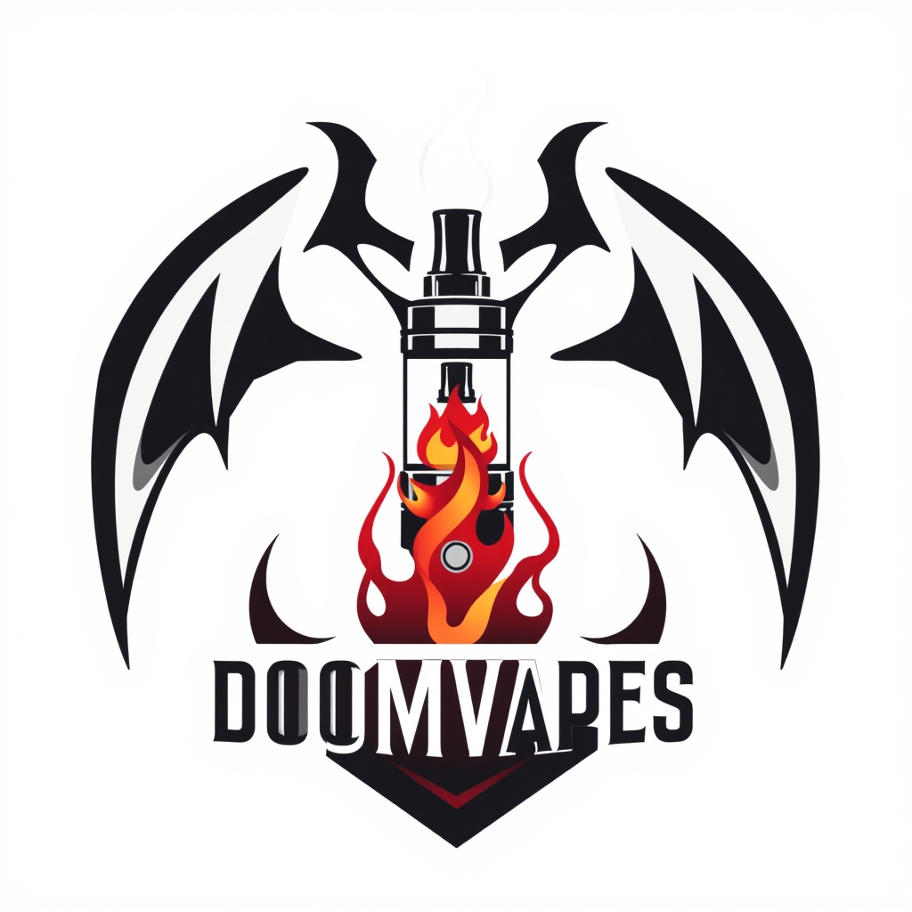 Sleek, logo design for DoomVapes featuring a stylized vape tank engulfed in ethereal, crimson flames. Blend with modern simplicity. Geometric shapes evoke demonic symbolism. Bold, sans-serif typography in obsidian black. - Image