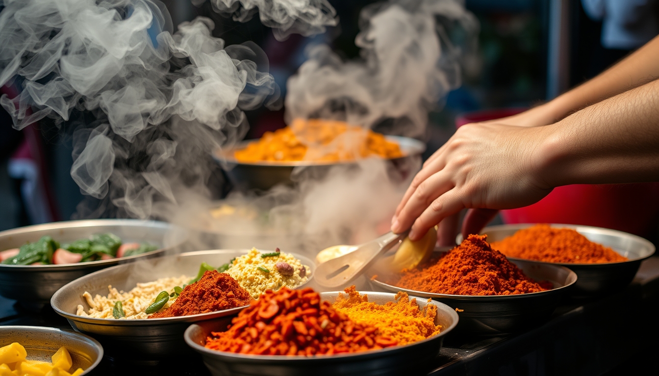 A close-up of a street vendor preparing a colorful and aromatic dish, with steam rising and vibrant spices on display. - Image