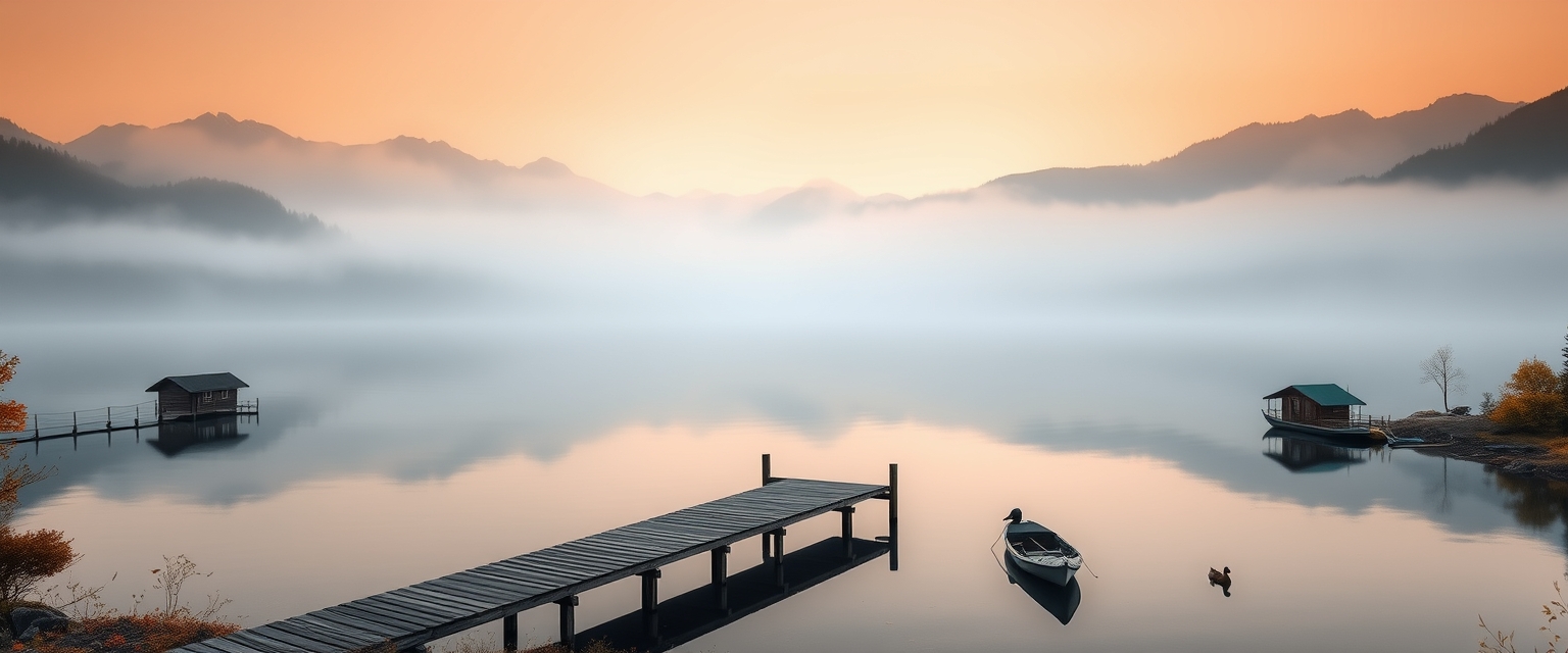 Tranquil, misty lake, surrounded by mountains, serene, high quality, photorealistic, reflection, peaceful, morning fog, autumn colors, breathtaking, idyllic::0.8 wooden pier, fishing boats, ducks, lakeside cabins, hiking trails, sunrise, sunset, misty mountains.