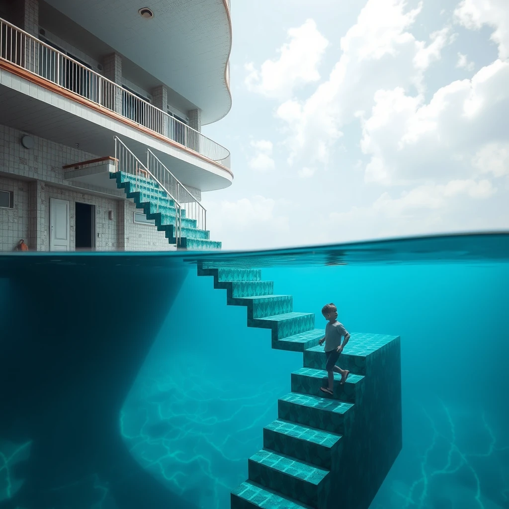 There is a strange swimming pool with steps extending from the sixth floor down to the pool and to the bottom of the water, where a boy is walking up the steps underwater.