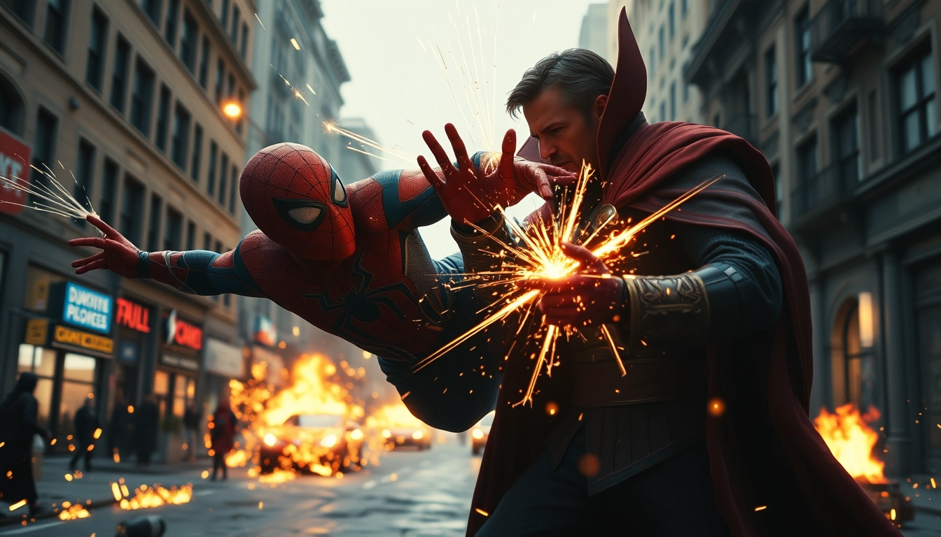 Spiderman fighting Doctor Strange, lighting, sparks, fire, destruction, streets, cinematic lighting, full body shot, hyperrealistic, quality. - Image