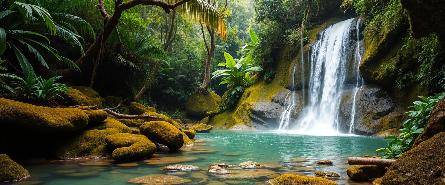 rfall, cascading, clear water, lush greenery, high quality, photorealistic, hidden oasis, serene, rainforest, breathtaking, secluded::0.8 moss-covered rocks, tropical plants, natural pools, jungle trails, mist, - Image