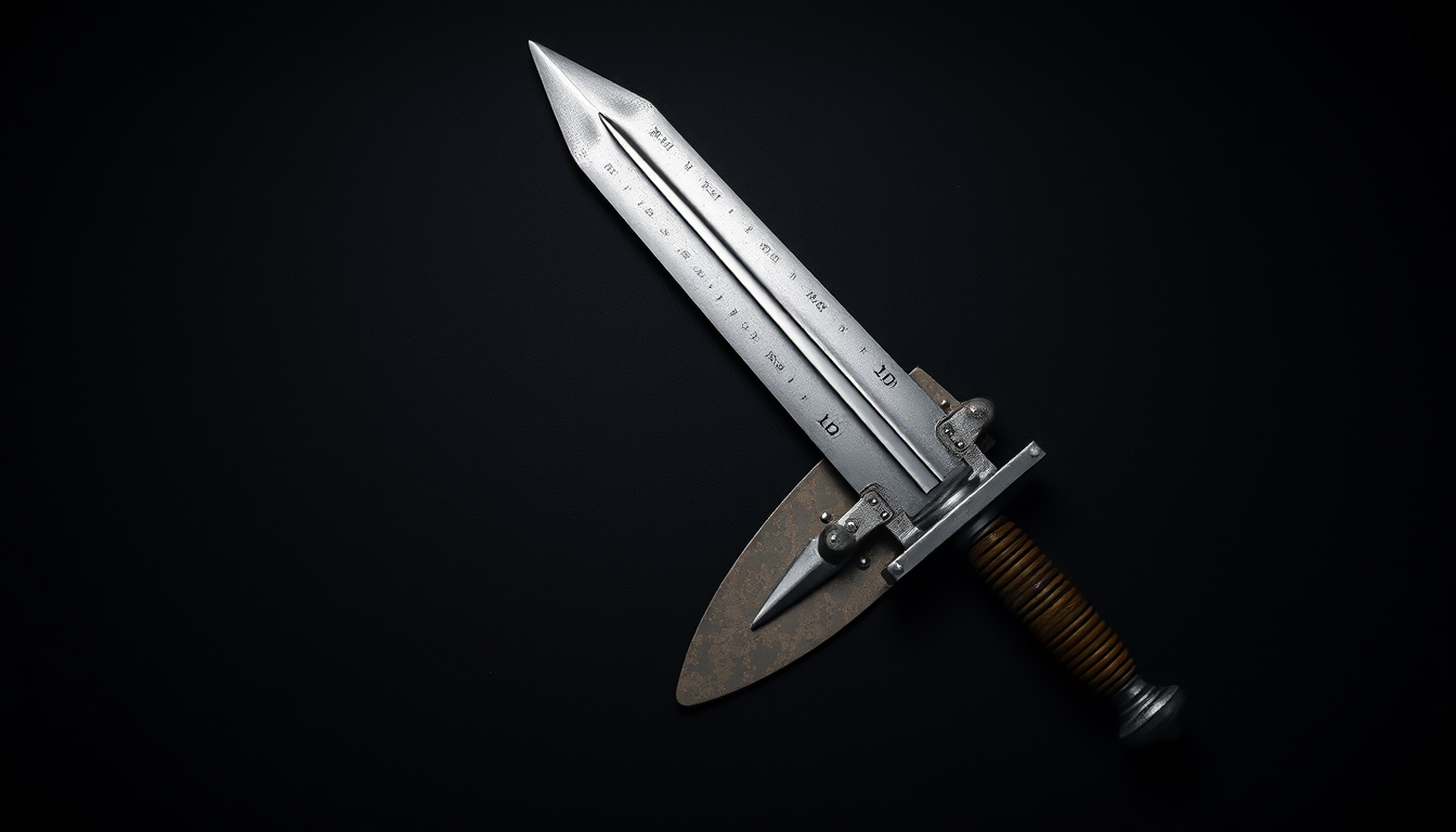 A collection of two items, a sword and a brick-laying trowel, lies across on a dark surface. The sword lays diagonally. Next to the sword is a brick-laying trowel. The background is dark, emphasizing the timeless and mysterious aura of the scene.