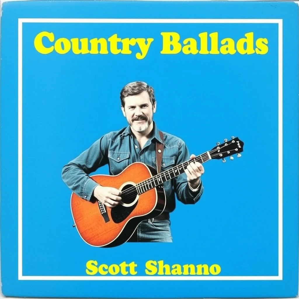 A blue square. A photo of a 30-year-old cowboy with a short beard is playing a guitar and is centered on the album. At the top of the album are the words "Country Ballads" in yellow. At the bottom of the album are the words "Scott Shannon." - Image