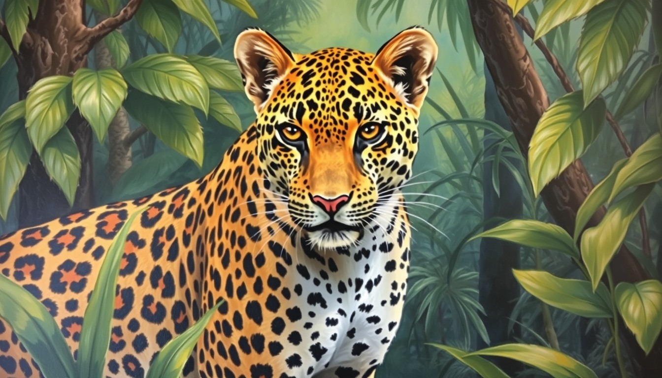 Spotted leopard in the jungle, oil painting, full color, realistic.