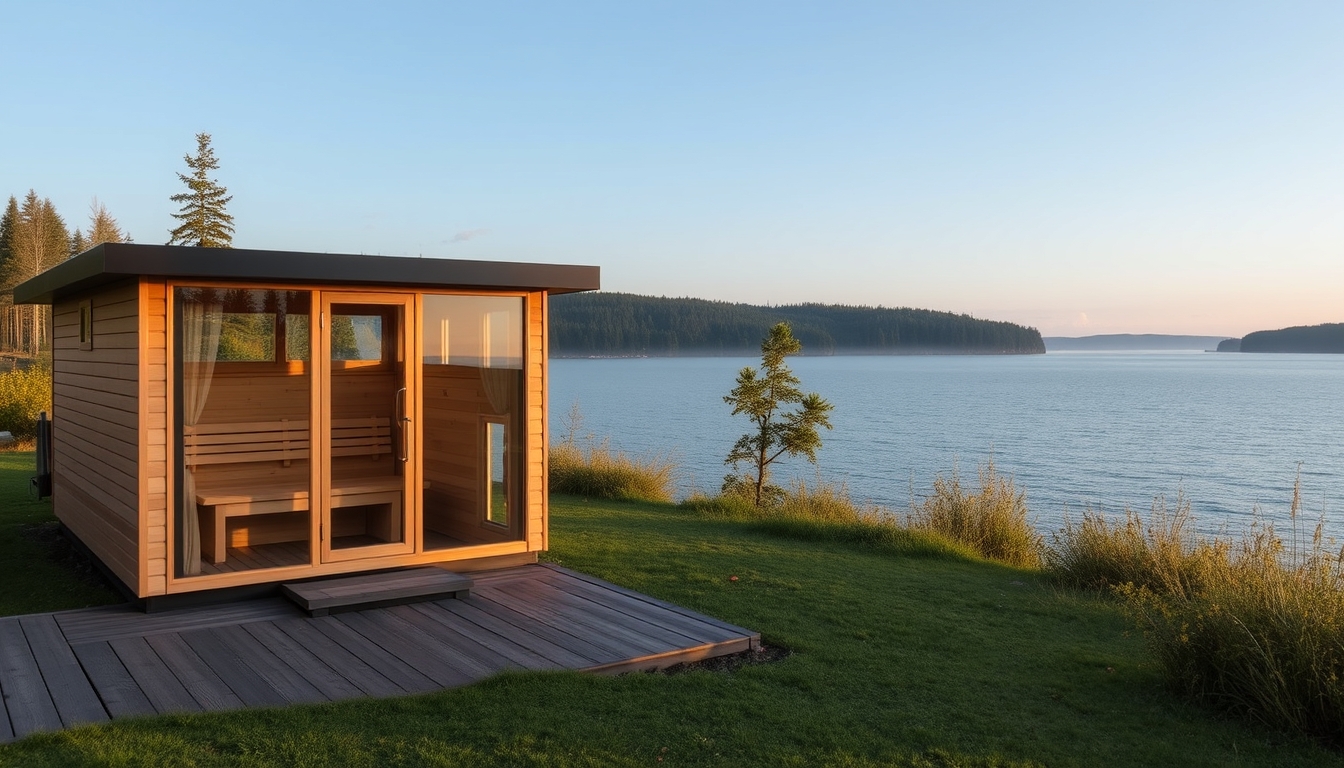 A peaceful lakeside retreat with a glass-fronted sauna overlooking the water.