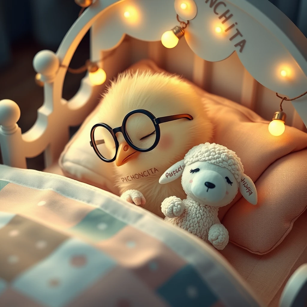 It is night. A sweet, delicate, tender Kawaii chick with a small, rounded beak, is wearing glasses, resting its head on the pillow, deeply asleep in its beautiful little bed with tiny bells, flying lights in soft colors, and childlike details featuring the name PICHONCITA, cuddled up with a tiny cute stuffed sheep under patchwork blankets. Photograph. - Image