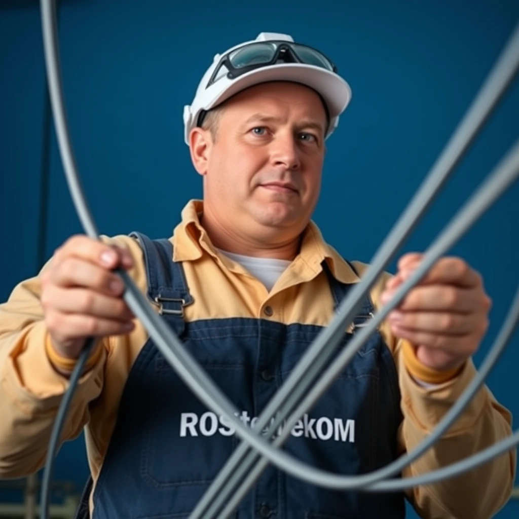 an engineer in overalls with the inscription Rostelecom connects an optical cable - Image