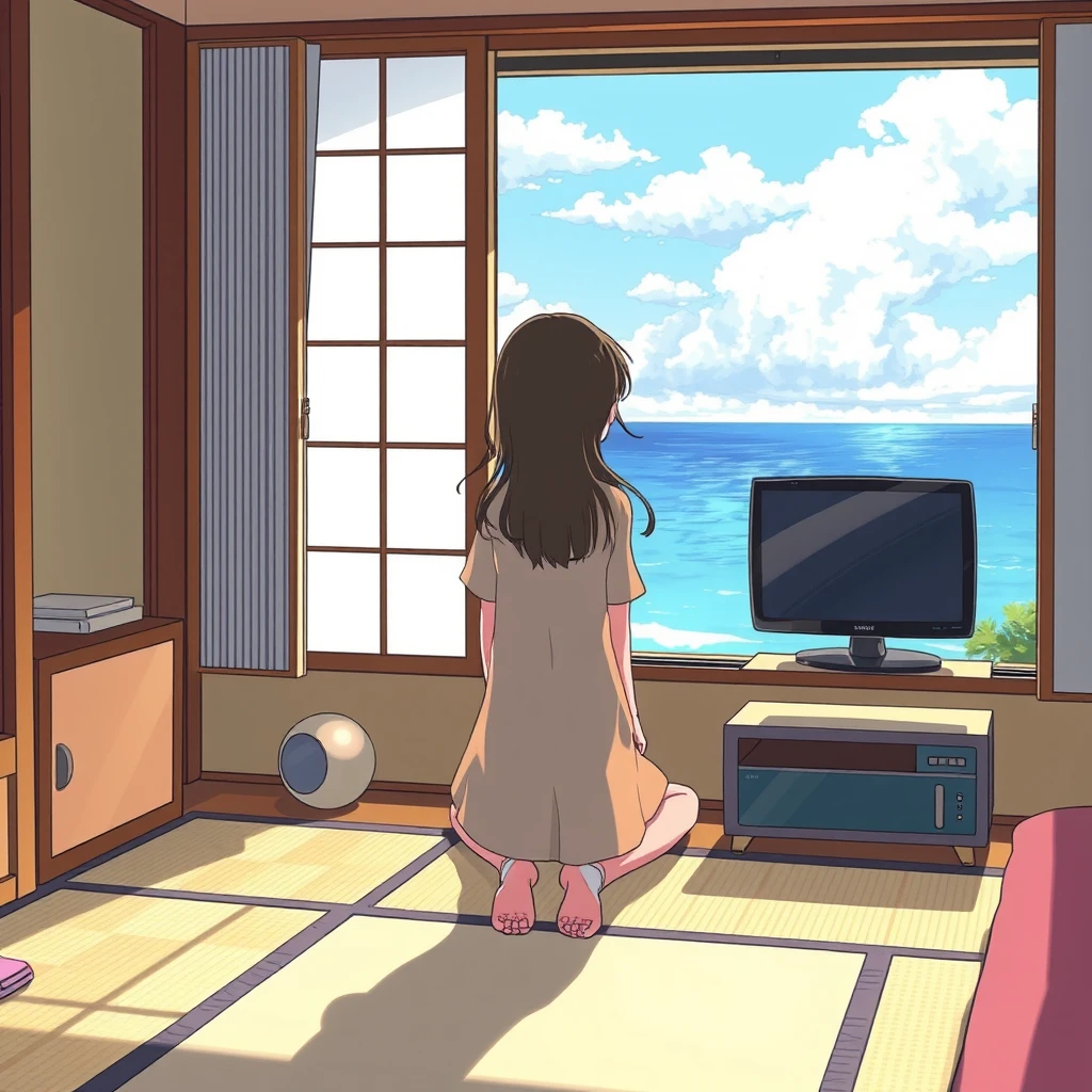 "The style of Makoto Shinkai, a girl looking out at the sea from a room that has a Japanese design, with tatami mats and a television."