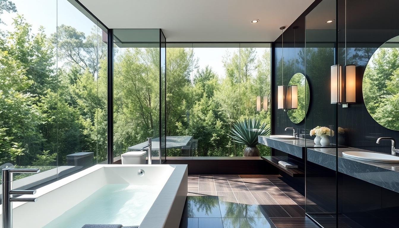 A sleek modern bathroom with glass walls and a luxurious soaking tub. - Image