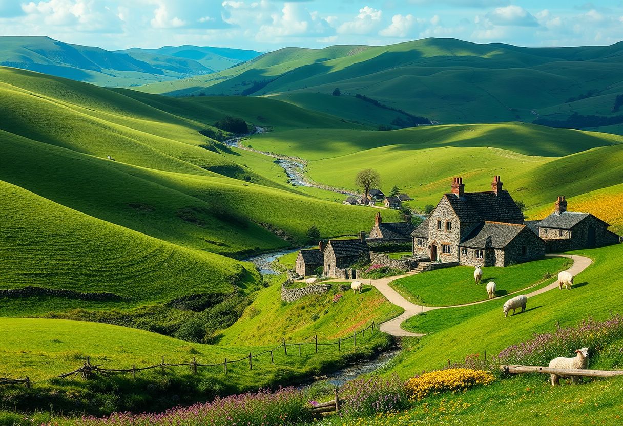 Rolling, green hills, pastoral, idyllic, countryside, meandering streams, vibrant wildflowers, grazing livestock, picturesque, high quality, photorealistic::0.7 ancient stone cottages, winding pathways, charming, peaceful, rural farmhouses, straw bales, grazing sheep. - Image