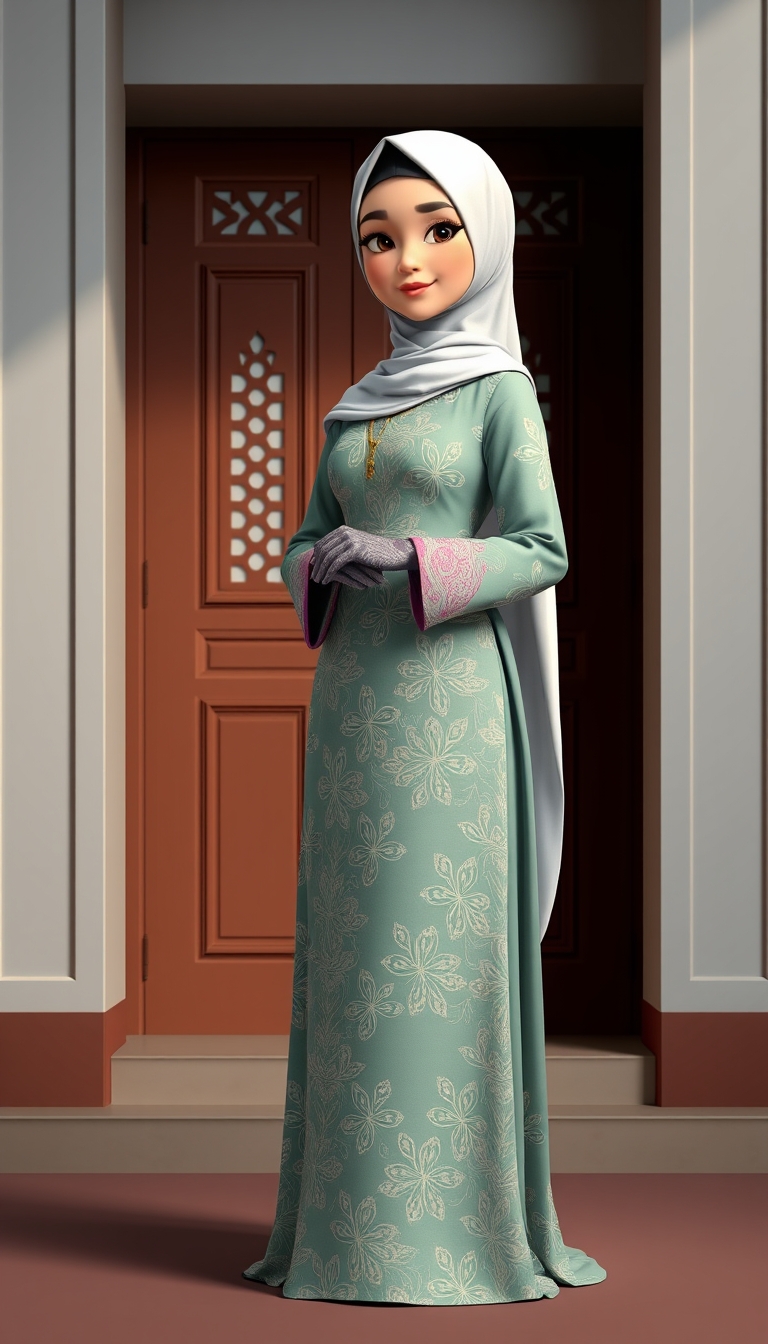 Create a 3D, 8K animated cartoon of a Muslim woman from Palembang wearing a long traditional songket dress. She should have her hands covered with batik gloves. The image should capture the elegance and cultural richness of the attire. - Image