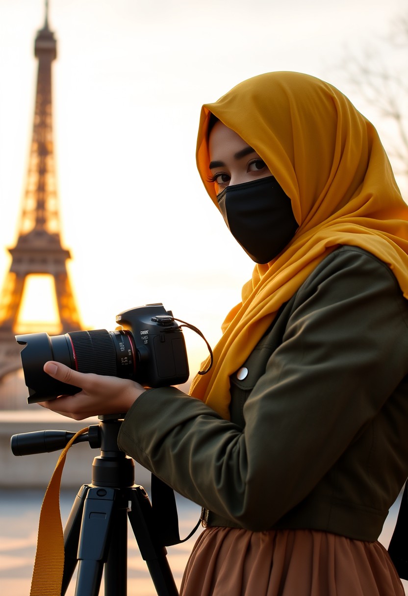 Biggest hijab yellow Muslim girl, beautiful eyes, face mask black, green army leather jacket pattern, biggest skirt, camera DSLR Canon, tripod, taking photos of Eiffel Tower, sunrise, morning scenery, hyper realistic, street photography. - Image