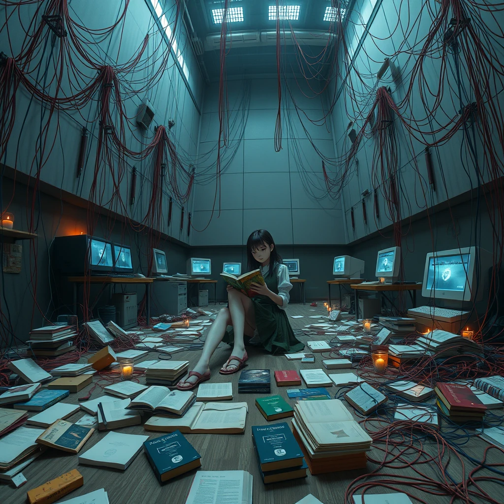 A real-life photograph, wide shot, of a Japanese female student in a skirt sitting in one corner of a large hall, where some books are scattered messily, and many wires of varying thicknesses are on the floor and in the air, including red, blue, yellow, and other colors. There are some computer screens as well. The lighting is dim, with some candles lit. She is sitting and reading a book.