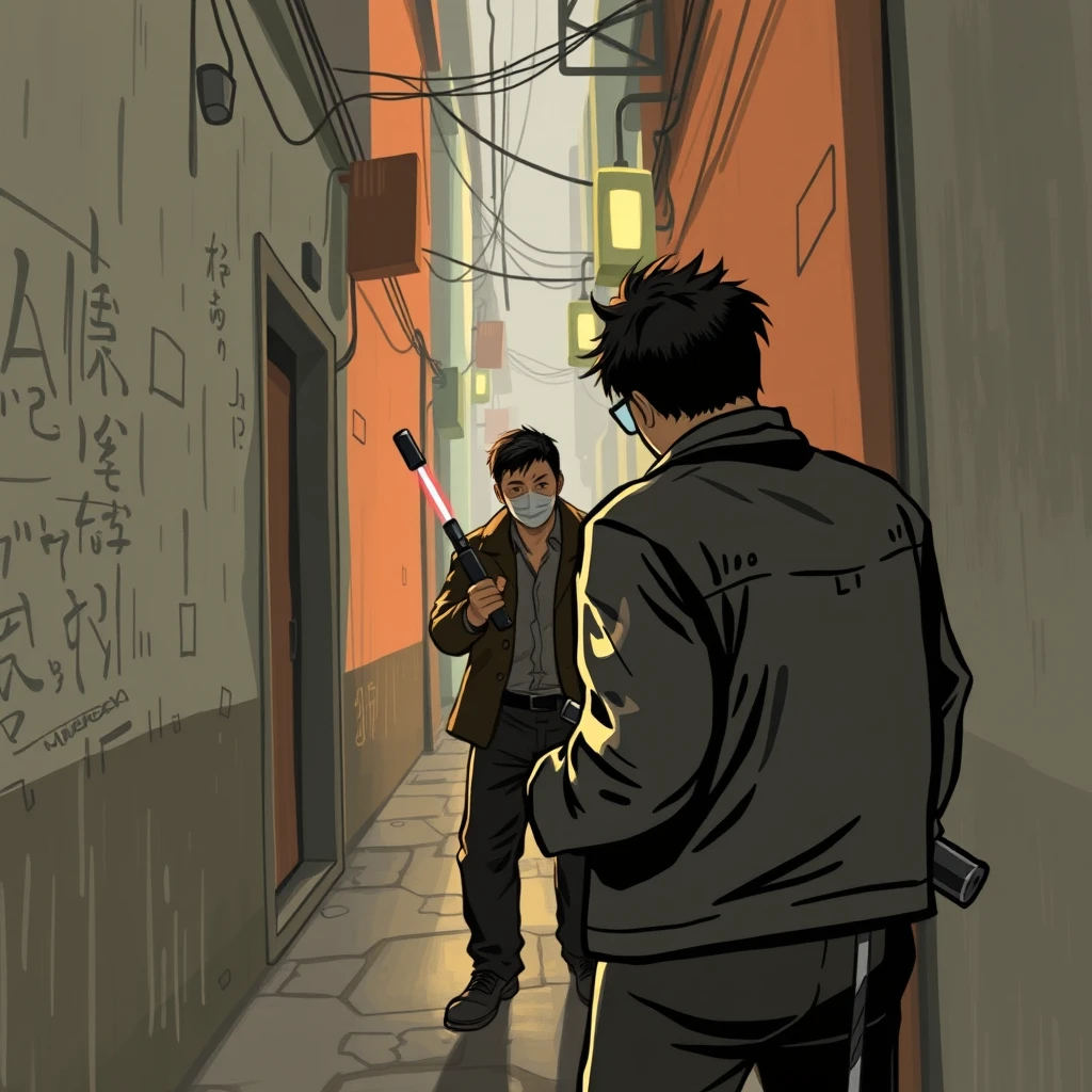 At the far end of the alley, two thugs, holding electric batons, search for Li Hanxiao while whispering to each other.