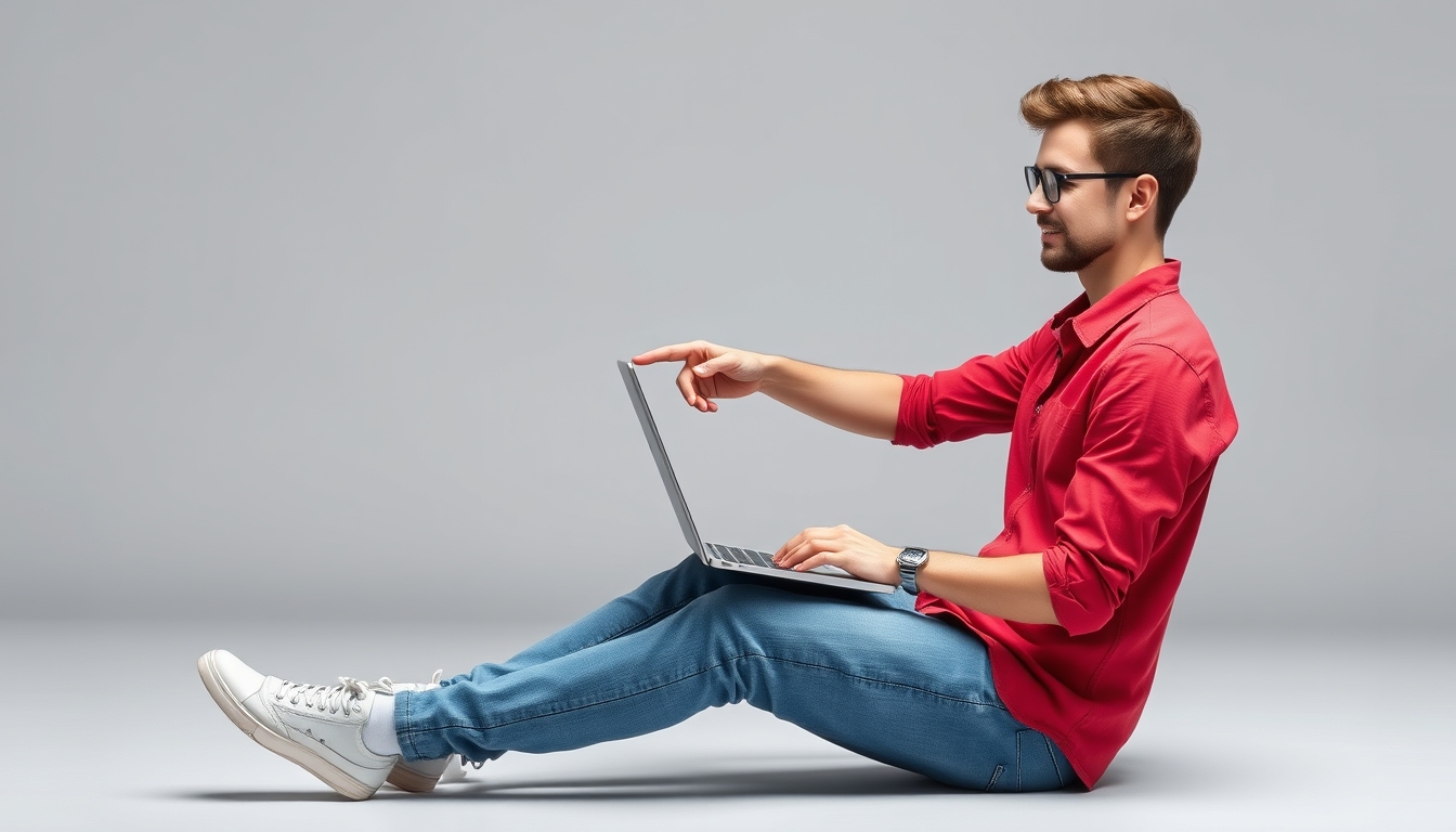 A full-body young IT man wearing a red shirt and casual clothes sits while holding and using a laptop PC, pointing his finger to the side in an area isolated against a plain grey color background in a studio. This reflects a lifestyle concept. - Image