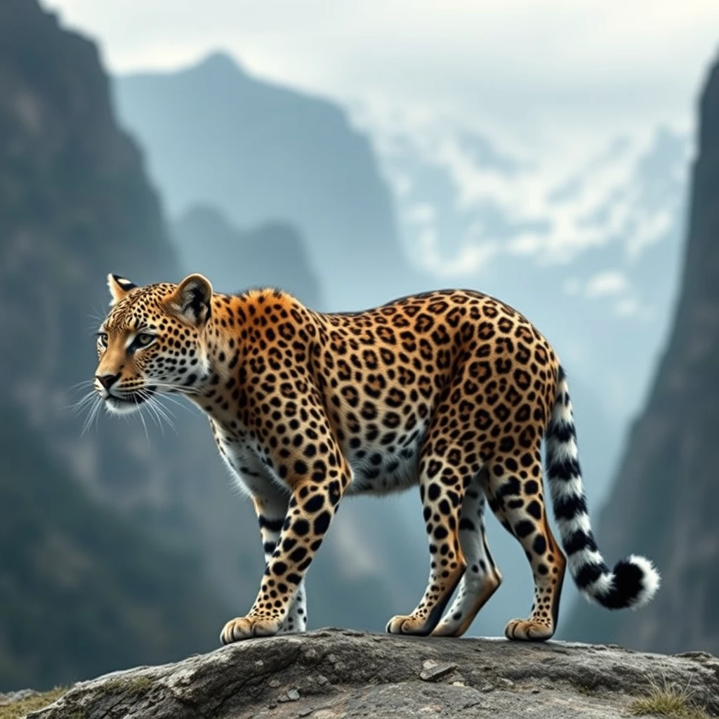 (Ultra realistic) a rare animal that has a wildcat's head, leopard body pattern, 5 lion's tail, China mountain background. - Image