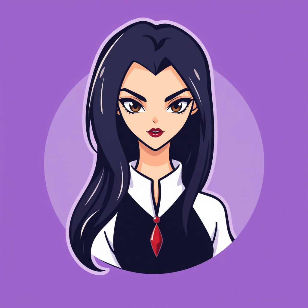 A basic simple vector logo of a beautiful female character with hazel brown eyes, long, dark black hair, wearing a black and white outfit with a red pendant necklace, and serious face with red lipstick, on a purple background. - Image